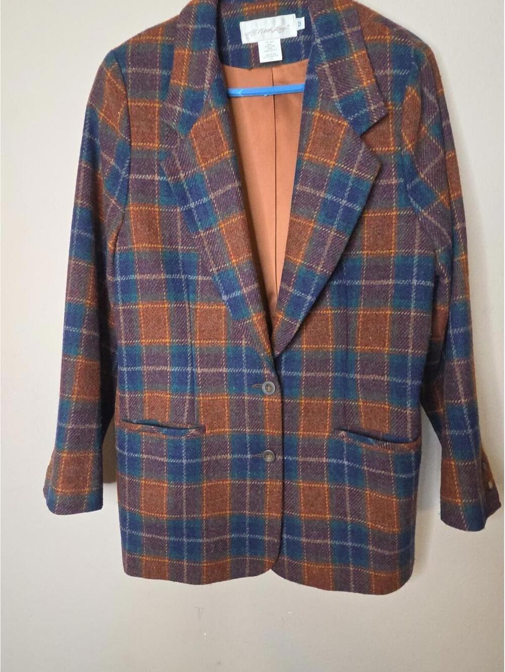 VTG All Week Long Women's 100% Wool Plaid Blazer Size 12 Shoulder Pads USA Made - Picture 2 of 6